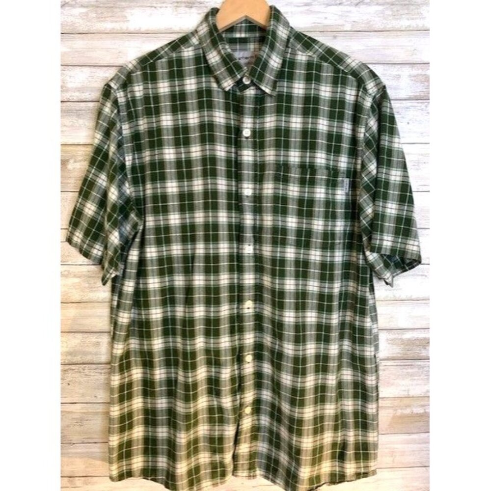 Carhartt Mens Green‎ Plaid Short Sleeve Button-Up Shirt L 100% Cotton Classic